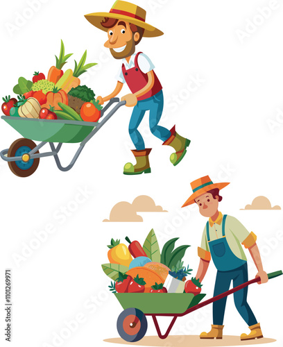 Farmers pushing wheelbarrows full of fresh vegetables and fruits