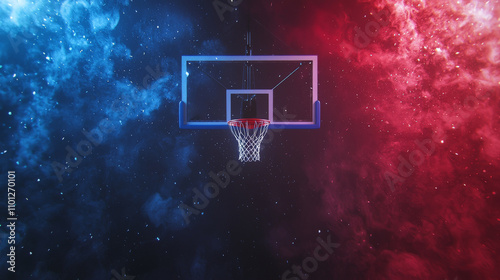 Basketball court and hoop background, front view, match atmosphere, red and blue color dust, dynamics.