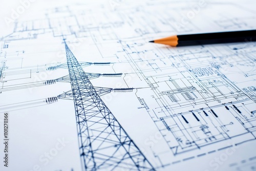 A detailed blueprint of power line, showcasing intricate designs with a pencil for annotations.