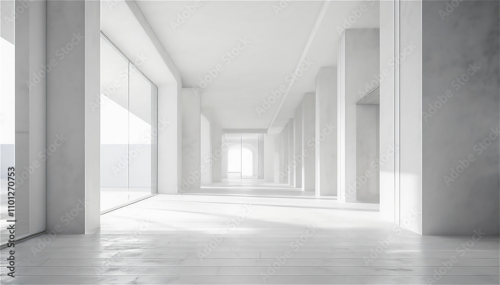 Fototapeta premium Minimalistic interior design of a white architectural entrance with sleek lines and ample