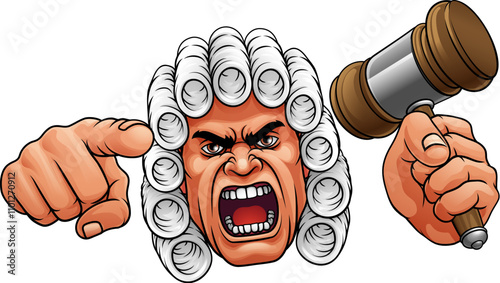 An angry judge cartoon character holding a wooden hammer gavel