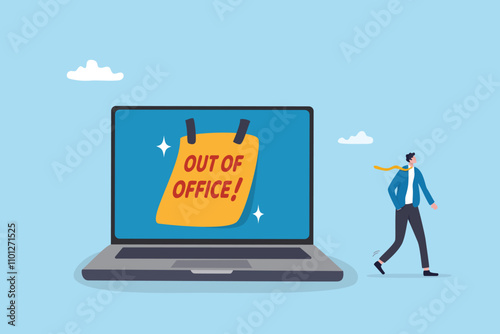 Out of office notice message, vacation or holiday leave sticky on laptop, note or summer break announcement, email notification concept, businessman leave out of office message on computer laptop.