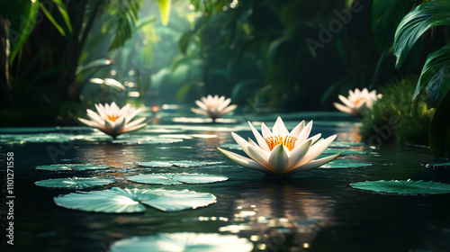 Serene water lilies amidst lush green foliage on dark water. Perfect for nature, tranquility, and botanicalthemed designs. Generated AI photo