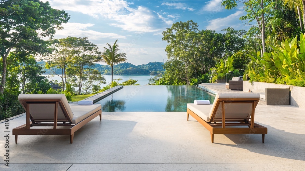 Obraz premium A serene luxury poolside view surrounded by lush greenery, featuring stylish loungers and a tranquil water feature under a clear blue sky.