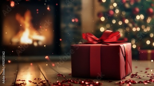 Festive Christmas Decor with Bokeh Effect, Red Gift Box and Confetti, Ideal Mobile Wallpaper