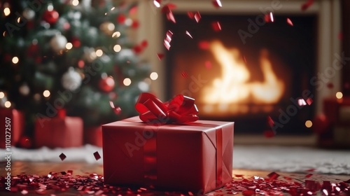 Festive Christmas Decor with Bokeh Effect, Red Gift Box and Confetti, Ideal Mobile Wallpaper