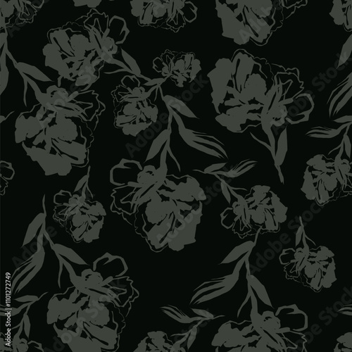 Trendy Floral pattern in the many kind of flowers. Tropical botanical Motifs scattered random. Seamless vector texture. Printing with in hand drawn style on dark background