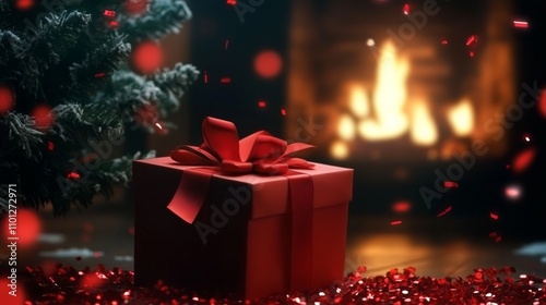 Festive Christmas Decor with Bokeh Effect, Red Gift Box and Confetti, Ideal Mobile Wallpaper