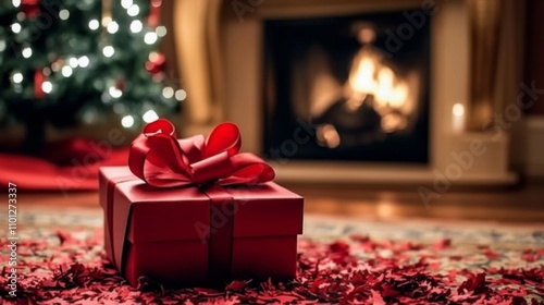 Festive Christmas Decor with Bokeh Effect, Red Gift Box and Confetti, Ideal Mobile Wallpaper