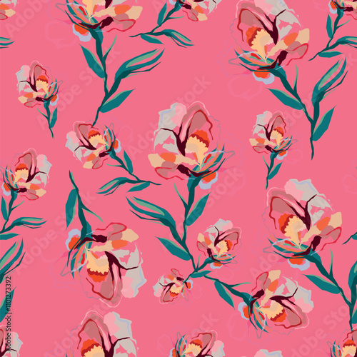 Trendy Floral pattern in the many kind of flowers. Tropical botanical Motifs scattered random. Seamless vector texture. Printing with in hand drawn style on dark background