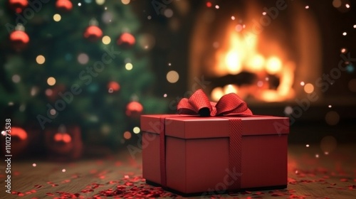 Festive Christmas Decor with Bokeh Effect, Red Gift Box and Confetti, Ideal Mobile Wallpaper