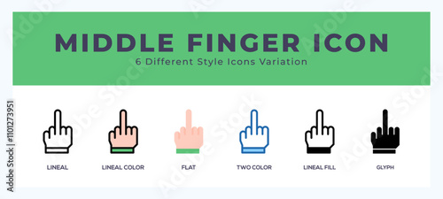 Middle finger icon set with different styles. Vector illustration.