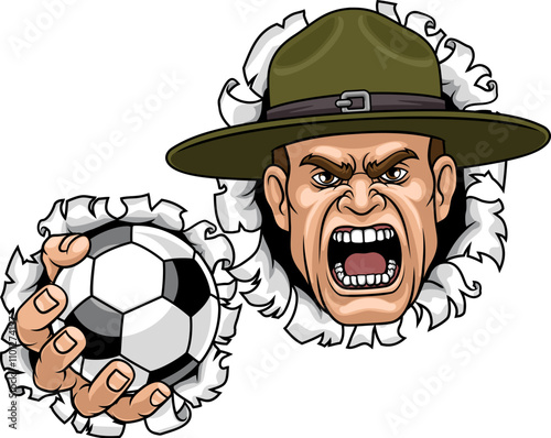 An angry drill instructor or sergeant bootcamp army soldier cartoon character holding soccer football ball sports team mascot illustration.