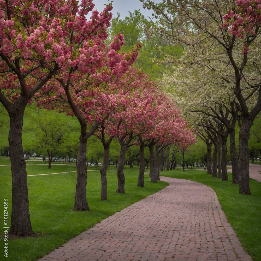 Naklejka premium A wisteria tree cascading purple blooms over an elegant stone pergola near a stream.