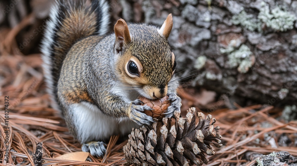 Obraz premium a cute squirrel was picking pine cones in the woods in autumn 