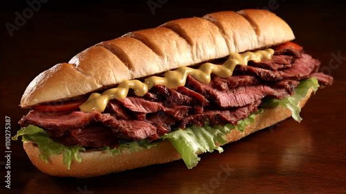 Roast beef sub sandwich with mustard and lettuce. photo