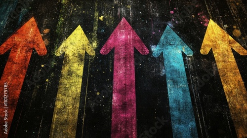 Upward Arrows in Grunge Style on Dark Abstract Background, Artistic Vector Illustration