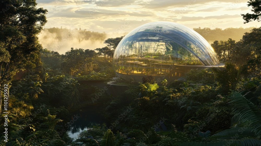 Fototapeta premium Futuristic glass dome structure nestled in lush rainforest at sunrise.