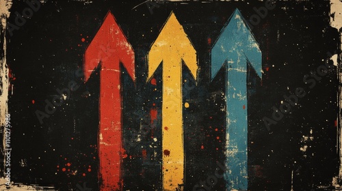 Upward Arrows in Grunge Style on Dark Abstract Background, Artistic Vector Illustration