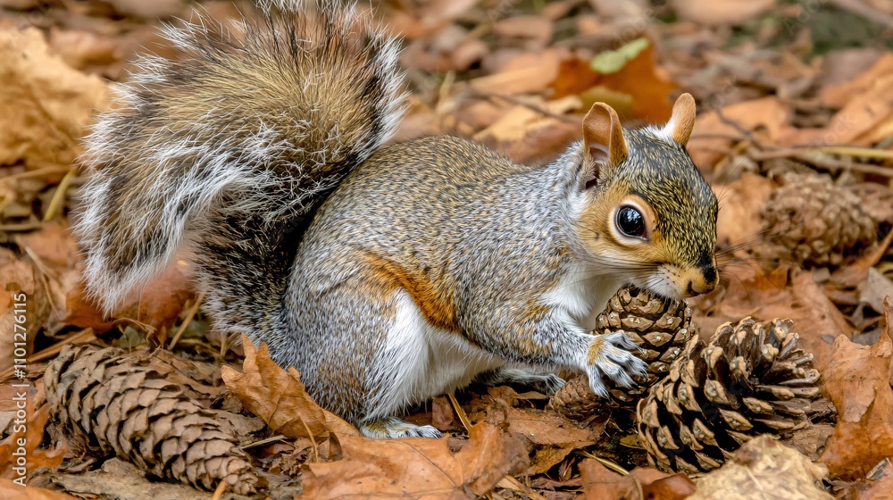 Obraz premium a cute squirrel was picking pine cones in the woods in autumn 