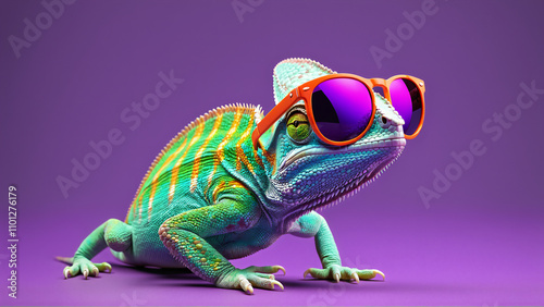 chameleon wearing sunglasses , color background,Generative AI
 photo