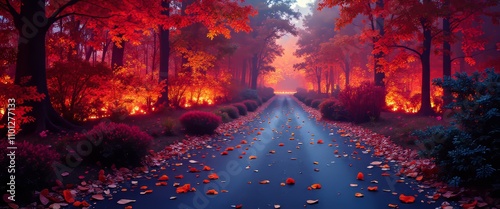 A forest path with a road in the middle. The road is covered in leaves and there are trees on both sides