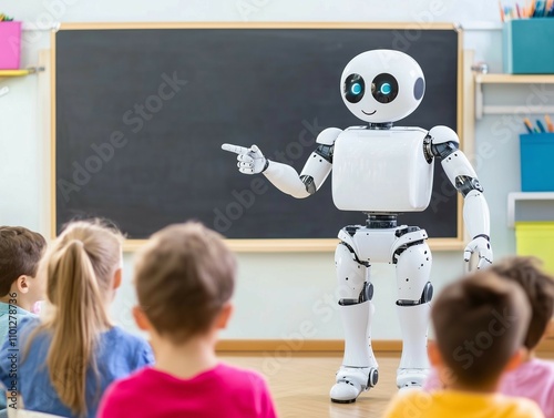 Robot teacher explaining a concept to students in a classroom setting during daytime