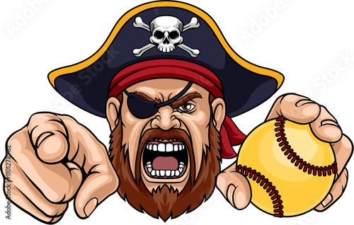A Pirate man holding Softball ball and pointing sports team cartoon charcater mascot illustration.