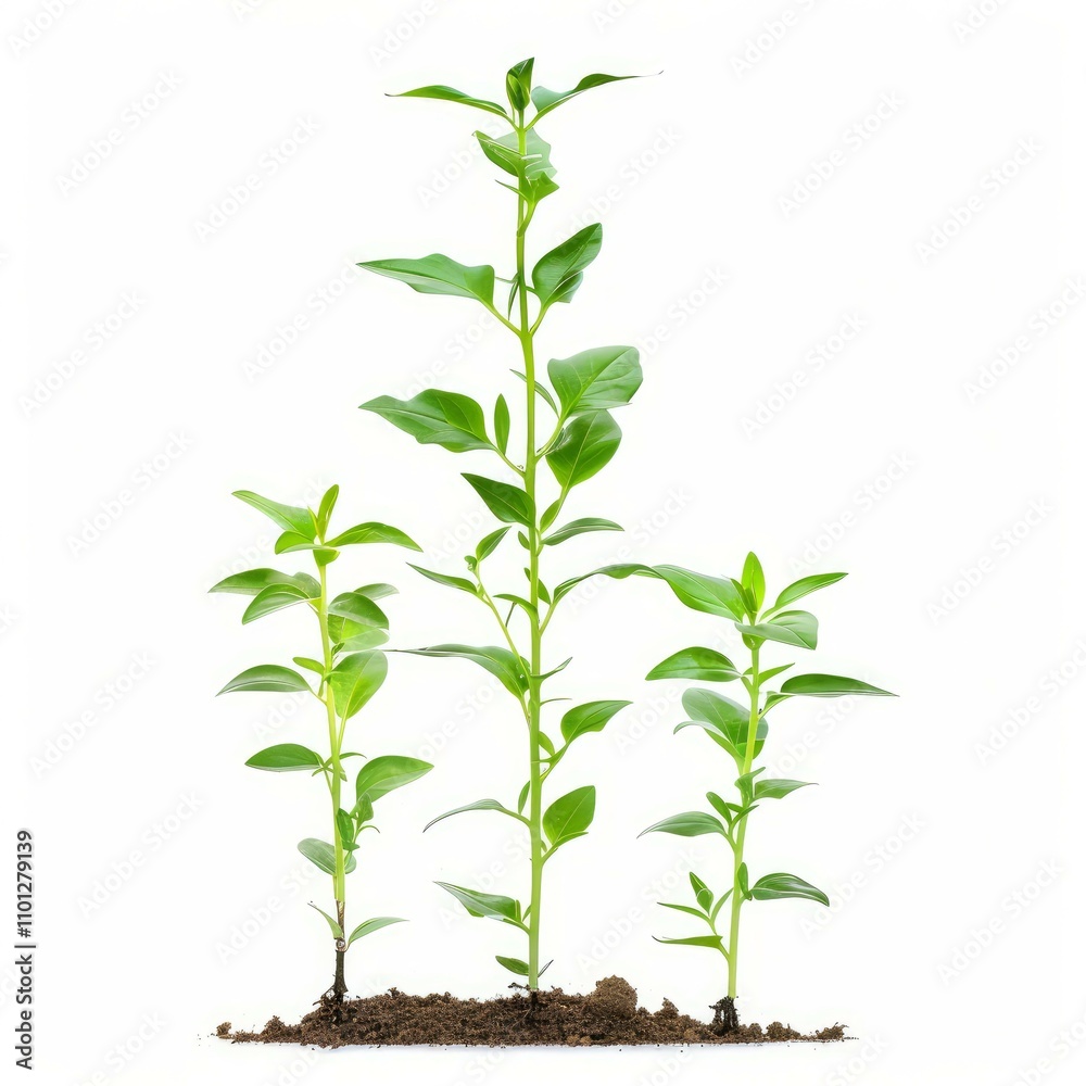 Three plants growing from soil are representing a concept of growth Three plants growing from soil are representing a concept of growth