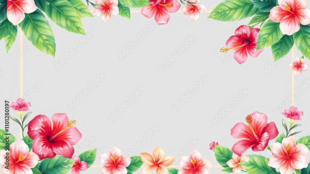 Tropical wedding frame with hibiscus flowers and palm leaves watercolor illustration, blank middle space for text or design, space, palm leaves Tropical wedding frame with hibiscus flowers and palm leaves watercolor illustration, blank middle space for text or design, space, palm leaves