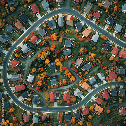aerial view of a colorful suburb with winding roads and autumn trees in a quiet neighborhood