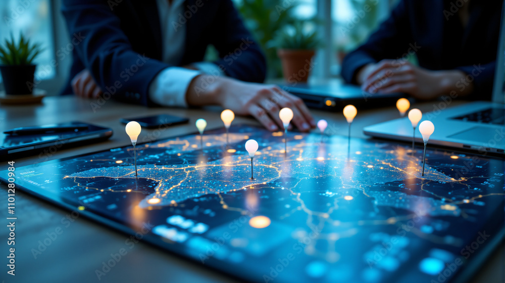 Digital Business Strategy Map with Glowing Location Pins