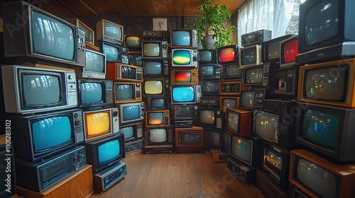 stack of various television sets from the 1970s with a test pattern displayed on the screen static fuzzy digital screen backgroun photo