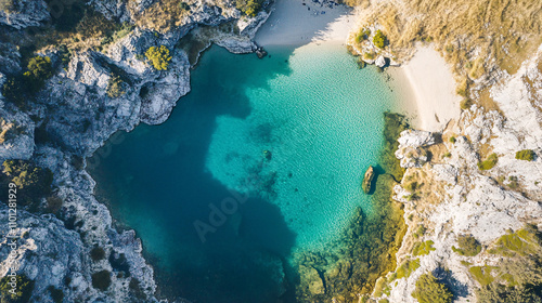 aerial view of turquoise lagoon with rocky cliffs and a white sand beach in croatia
