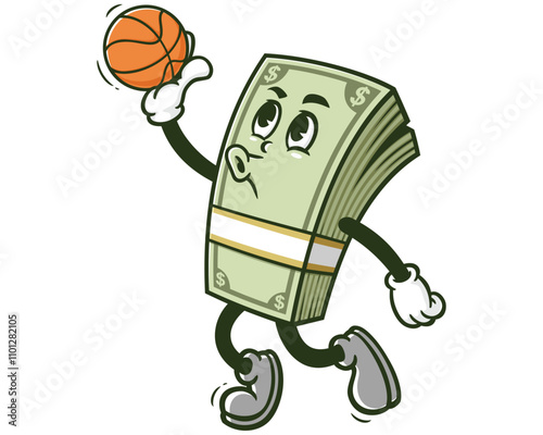 Money Cash playing slam dunk basketball,  Cartoon Character Mascot Illustration Vector Clip-art Hand-drawn Logo Design