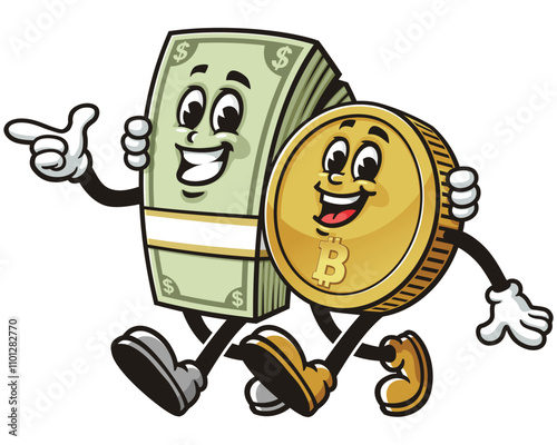 Money Cash couple with bitcoin,   Cartoon Character Mascot Illustration Vector Clip-art Hand-drawn Logo Design