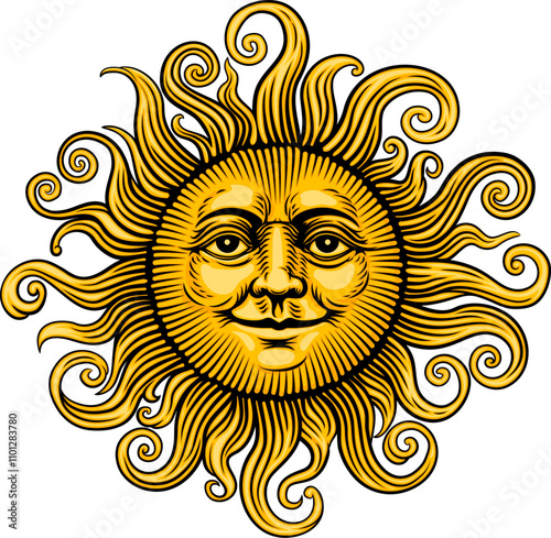 A sun face woodcut man original illustration in a vintage etching style