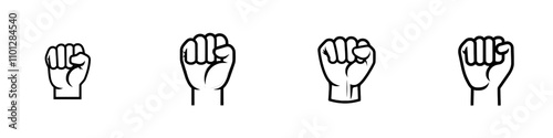A raised fist, representing victory, strength, power, and solidarity, is a line art icon suitable for apps and websites.