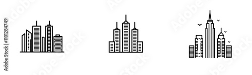 A line art icon featuring a city skyline with tall buildings and high rises, perfect for apps and websites.