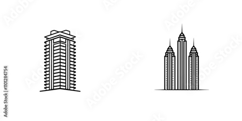 Icon featuring a modern line drawing of an office building or corporate headquarters, suitable for real estate applications and websites.