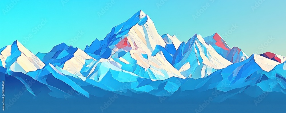 Fototapeta premium A stylized digital illustration of a mountain range under a blue sky.