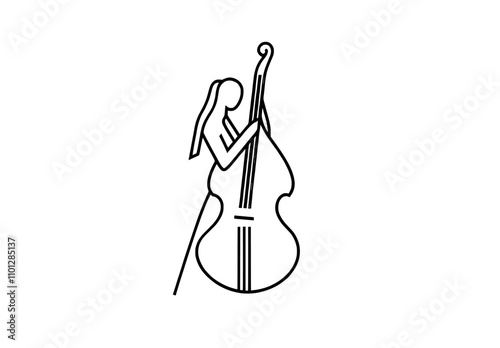 A hand-drawn, continuous line art illustration of a girl playing a classical double bass, featuring a modern and cute design.