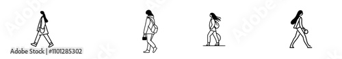 A single, continuous line drawing captures a college girl walking in a modern minimalist style, depicting a young woman with a bag strolling down the street.