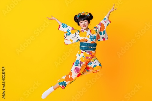 A Chinese woman in a playful yellow floral kimono jumping joyfully against a yellow background, illustration symbolizing celebration and cultural vibrance..