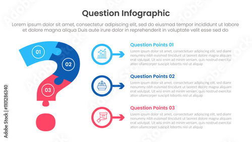 question infographic template banner with big question puzzle structure with outline circle arrow stack with 3 points for slide presentation