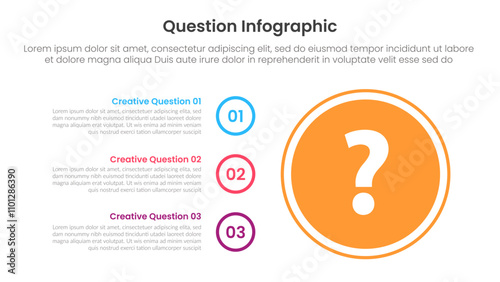 question infographic template banner with big circle on right column and circle outline stack with 3 points for slide presentation