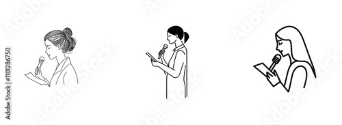 In a continuous line drawing, a woman is depicted reading a document before a microphone. Scientist report. Political speech.