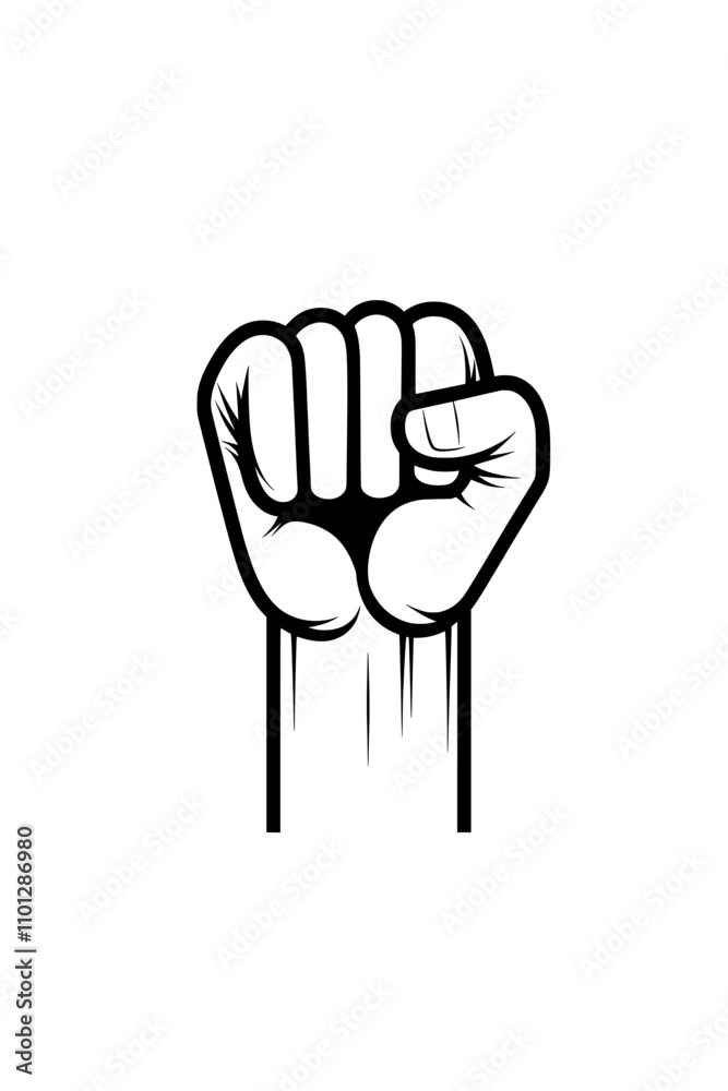 Obraz premium An unbroken line drawing of a strong fist held aloft, showing a human arm with clenched fingers, represents a contemporary illustration. This artwork conveys themes of protest, revolution, freedom,