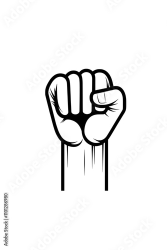 An unbroken line drawing of a strong fist held aloft, showing a human arm with clenched fingers, represents a contemporary illustration. This artwork conveys themes of protest, revolution, freedom,