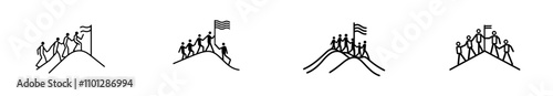 A single continuous line drawing depicts male and female team members following their leader, who holds a flag, as they climb to the top of a hill. This modern illustration represents the concept of